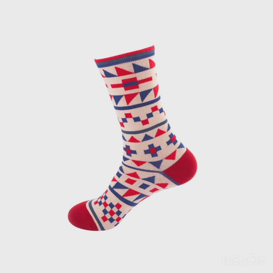 Designer Crew Knitted Socks- Red Geometric Pattern