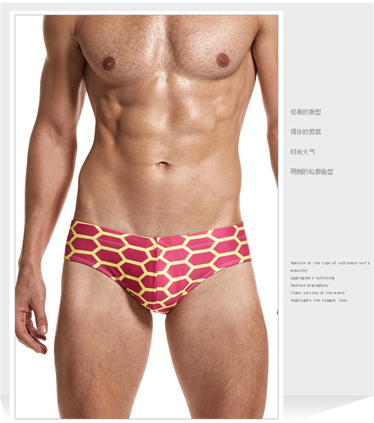 Geometric Print Men's Swim Brief - Burgundy Red