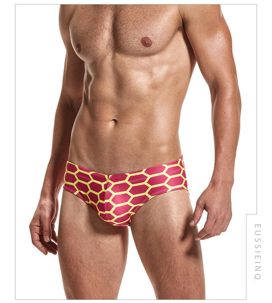 Geometric Print Men's Swim Brief - Burgundy Red