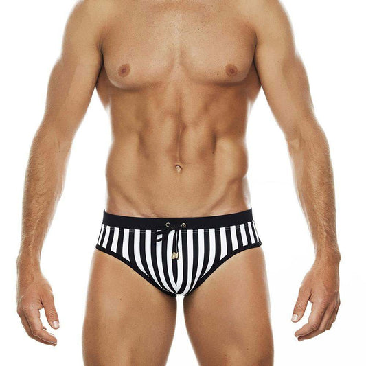 Vertical Stripes Men's Swim Brief - Black/White
