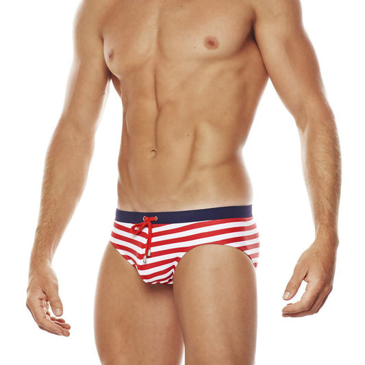 Red White Horizontal Stripes Swim Brief - Red/White