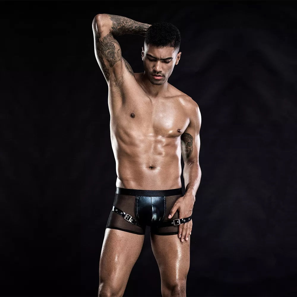 FAB Men's Net-Sheer/Leather Boxer Brief - Black